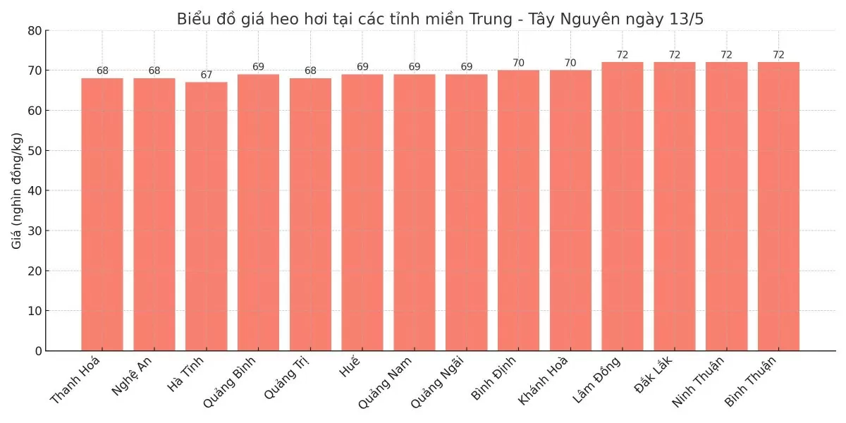 Biểu đồ giá heo hơi tại các tỉnh miền Trung - Tây Nguyên ngày 13/5. Biểu đồ giá heo hơi tại các tỉnh miền Trung - Tây Nguyên ngày 13/5.