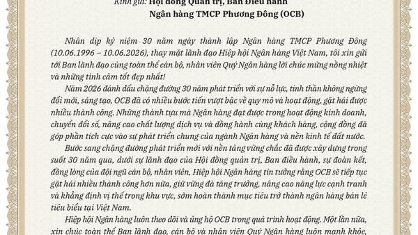 Hiệp hội Ngân hàng chúc mừng Ngân hàng TMCP Phương Đông nhân kỷ niệm 30 năm thành lập