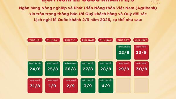 Lịch nghỉ lễ Quốc khánh 2/9/2026 của hệ thống ngân hàng