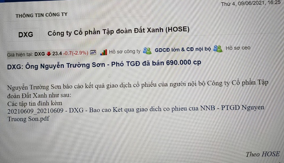 Thông tin một phó tổng giám đốc của DXG bán ra 690.000 cổ phiếu DXG.