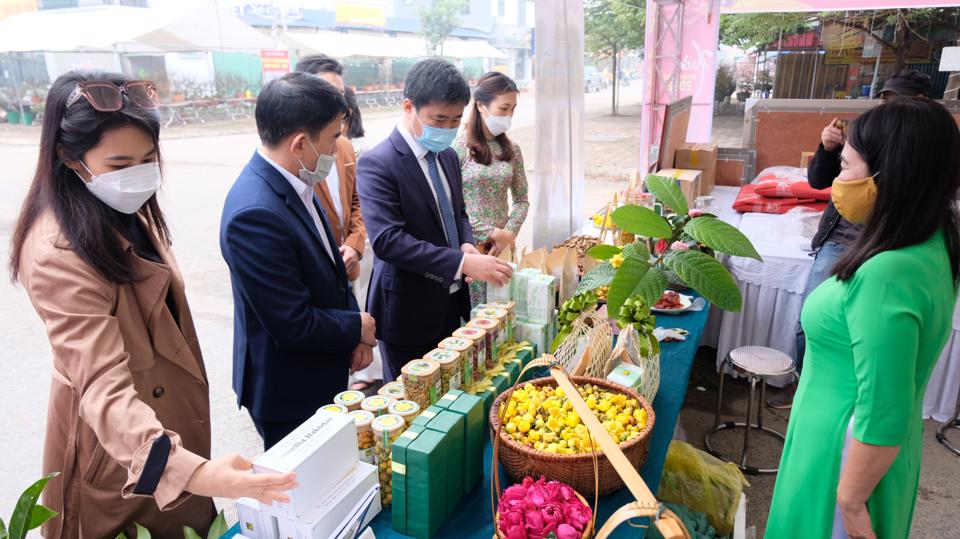 Đại biểu tham quan gian hàng chợ hoa Xuân Nhâm Dần 2022 tại huyện Sóc Sơn. Ảnh: Lâm Nguyễn.