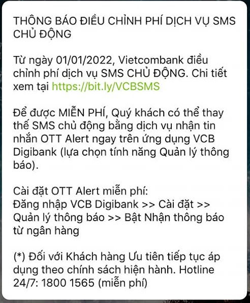 Thông báo của VCB điều chỉnh phí và khuyến khích khách hàng sử dụng ngân hàng số