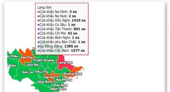 Mật độ xe tại Lạng Sơn cuối giờ chiều ngày 21/2 trên Cổng thông tin một cửa Quốc gia.