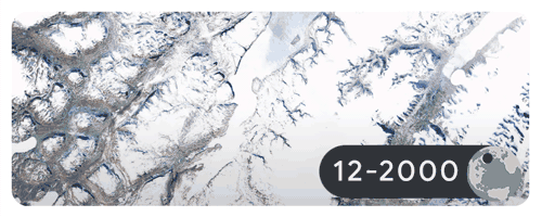 Sông băng lui dần ở Sermersooq, Greenland. Hình ảnh được chụp vào tháng 12 hàng năm từ năm 2000 đến năm 2020.