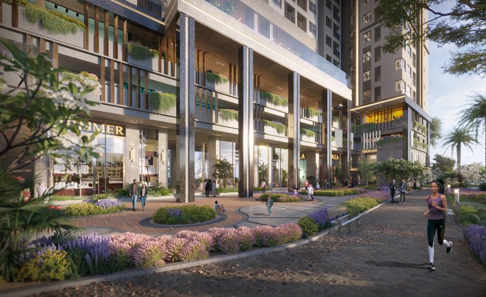 Không gian nội khu dự án C-River View được điểm tô bởi sắc màu của hoa lá tự nhiên.