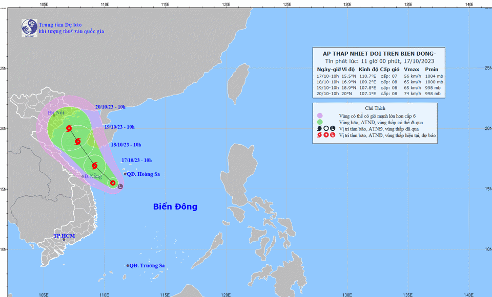 Đường đi của áp thấp nhiệt đới trên Biển Đông trong ngày 17/10.