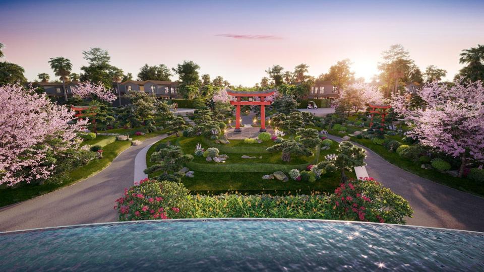 Heian Villas có quy mô 9,6 ha, nằm trên mạch khoáng nóng Radon quý hiếm, bên cảnh quan núi Tản, sông Đà hùng vĩ