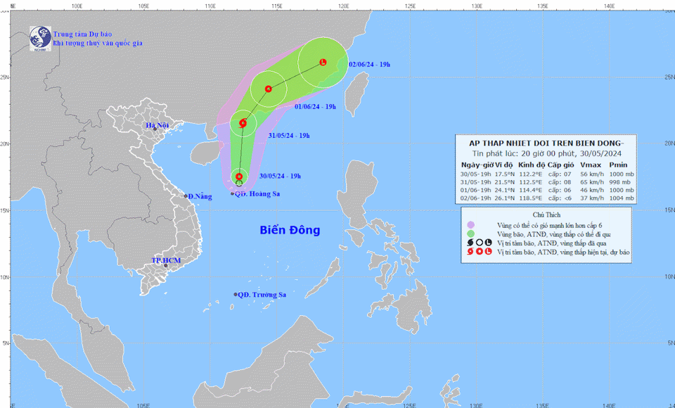Hướng di chuyển của áp thấp nhiệt đới trên Biển Đông.