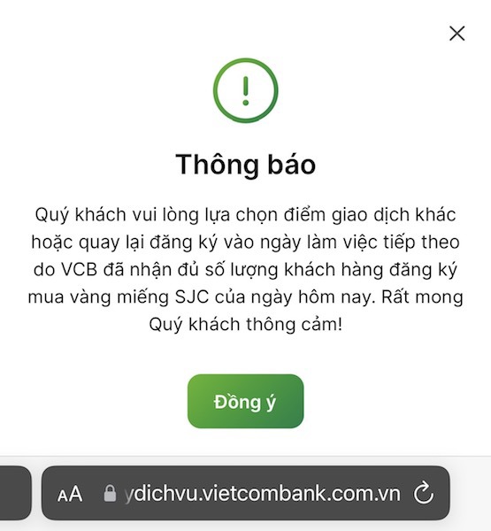 Thông báo hiển thị VCB đã nhận đủ số lượng khách hàng đăng ký mua vàng miếng SJC