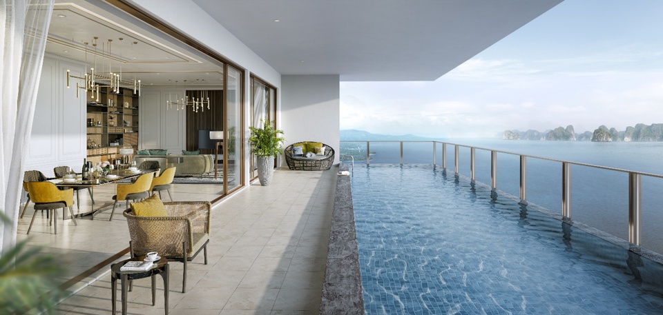 Điểm nhấn của BST Sky Pool Villa là những bể bơi riêng tư có diện tích ấn tượng cùng tầm nhìn vô cực ôm trọn vẻ đẹp trên tầm cao di sản.