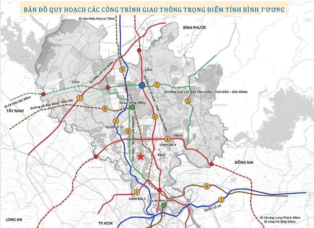 Sơ đồ cao tốc TP Hồ Chí Minh - Thủ Dầu Một - Chơn Thành, đường tạo lực Bắc Tân Uyên - Phú Giáo - Bàu Bàng, Vành đai 3,... (được đánh số lần lượt 6, 5, 3 trong hình) trong tương quan các tuyến giao thông trọng điểm của Bình Dương và vùng Đông Nam Bộ - Ảnh: B.S. chụp lại.