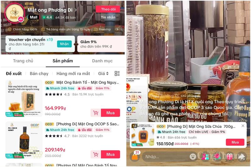 Các sản phẩm được bán trên Tiktokshop của Hợp tác xã (HTX) Mật ong Phương Di Ia Grai. Ảnh chụp màn hình