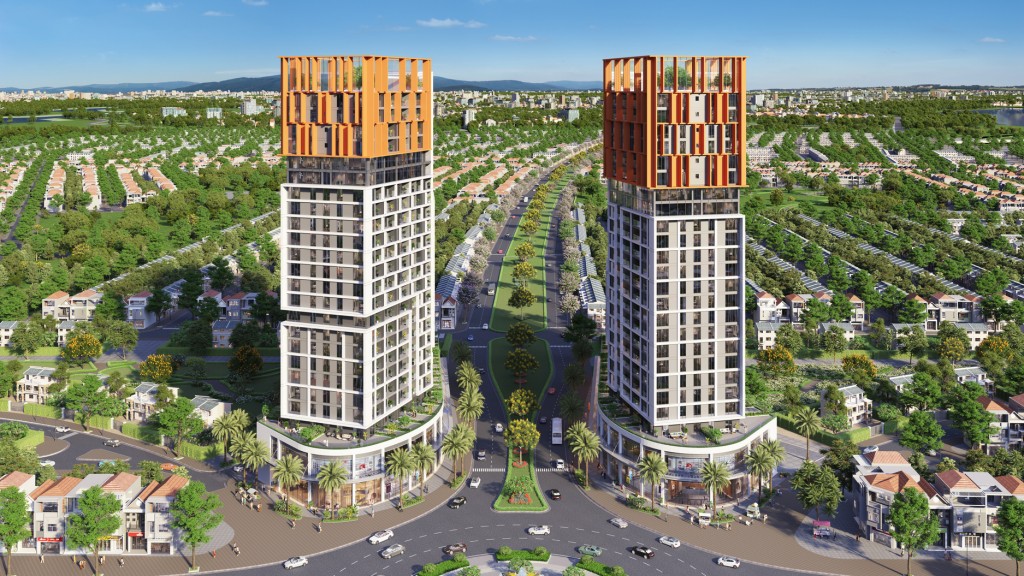 Tổ hợp căn hộ Cora Tower phía Nam Đà Nẵng đáp ứng nhu cầu an cư hiện đại. (Ảnh phối cảnh: Sun Property)