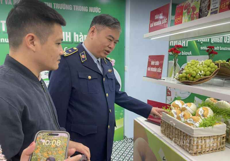 Ông Nguyễn Đức Lê, Phó Trưởng phòng Nghiệp vụ Quản lý thị trường, Cục Quản lý và Phát triển thị trường trong nước (Bộ Công Thương) hướng dẫn cách phân biệt trái cây thật và giả.