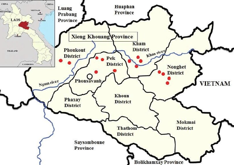 Bản đồ hành chính tỉnh Xieng Khouang, nơi Sao Mai group thực hiện khảo sát siêu dự án điện gió quy mô gần 18.000 ha tại huyện Nong Het, khu vực giáp ranh biên giới Việt – Lào