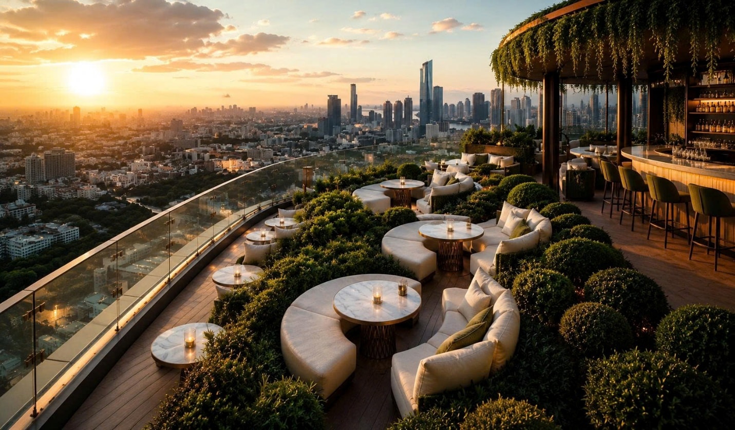 A rooftop bar with tables and chairs and a city skyline Description automatically generated