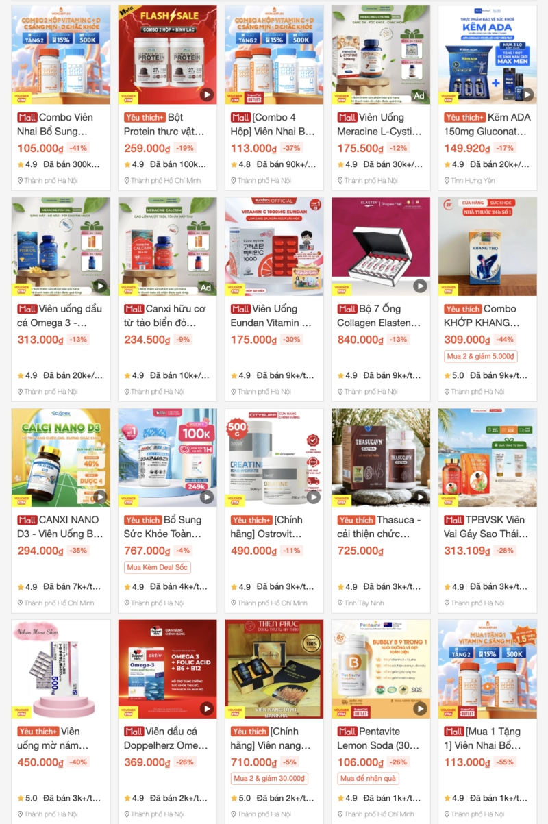 Top sản phẩm thực phẩm bảo vệ sức khỏe bán chạy nhất hiện nay. Ảnh chụp màn hình