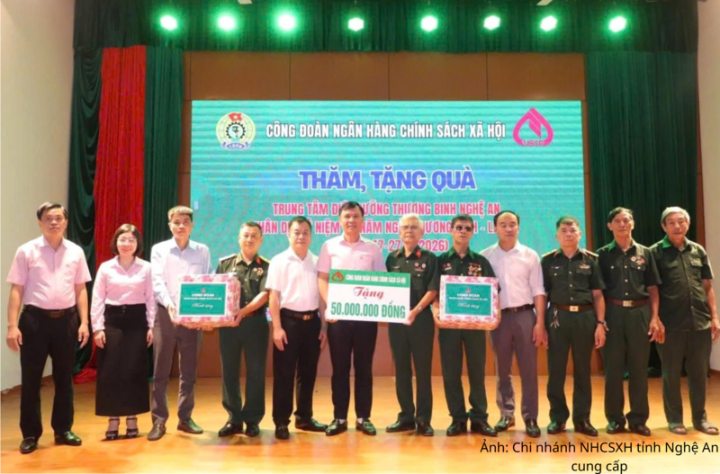 Chi nhánh NHCSXH tỉnh Nghệ An trao phần quà của NHCSXH cho Trung tâm Điều dưỡng thương binh Nghệ An