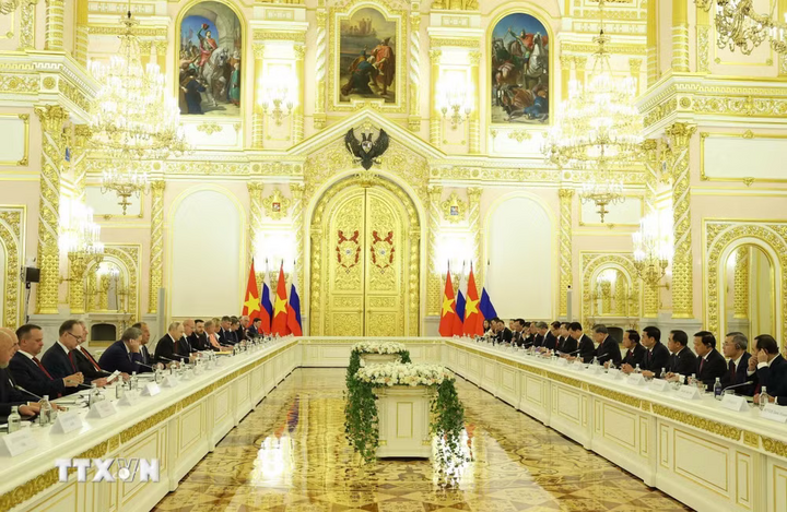 Tổng Bí thư, Chủ tịch nước Tô Lâm hội đàm chính thức với Tổng thống Liên bang Nga Vladimir Putin. Ảnh: Thống Nhất/TTXVN